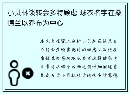 小贝林谈转会多特顾虑 球衣名字在桑德兰以乔布为中心