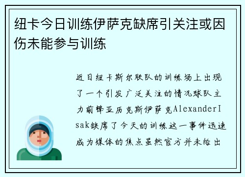 纽卡今日训练伊萨克缺席引关注或因伤未能参与训练