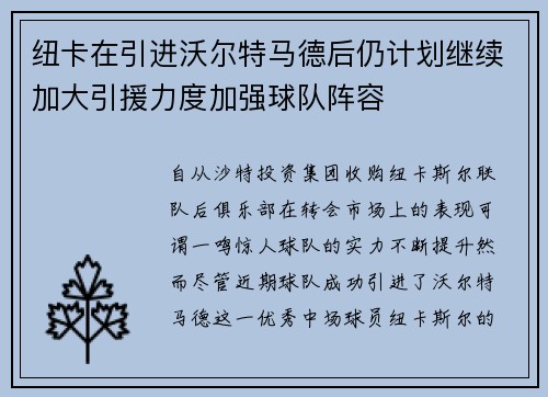 纽卡在引进沃尔特马德后仍计划继续加大引援力度加强球队阵容