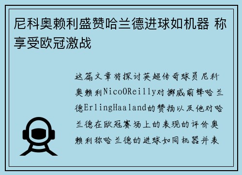 尼科奥赖利盛赞哈兰德进球如机器 称享受欧冠激战