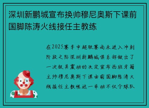 深圳新鹏城宣布换帅穆尼奥斯下课前国脚陈涛火线接任主教练
